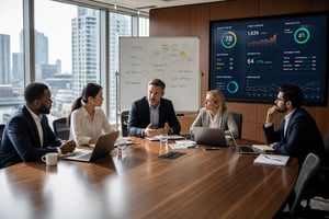 Modern Boardroom Cybersecurity Discussion at Dusk