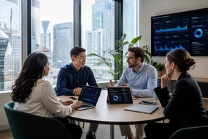 Cybersecurity collaboration scene in a modern office with natural light, city views, and real-time security dashboards.