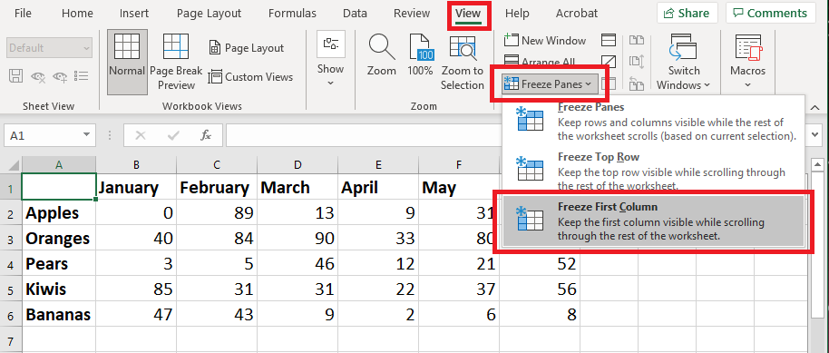 Freeze First Column in Excel