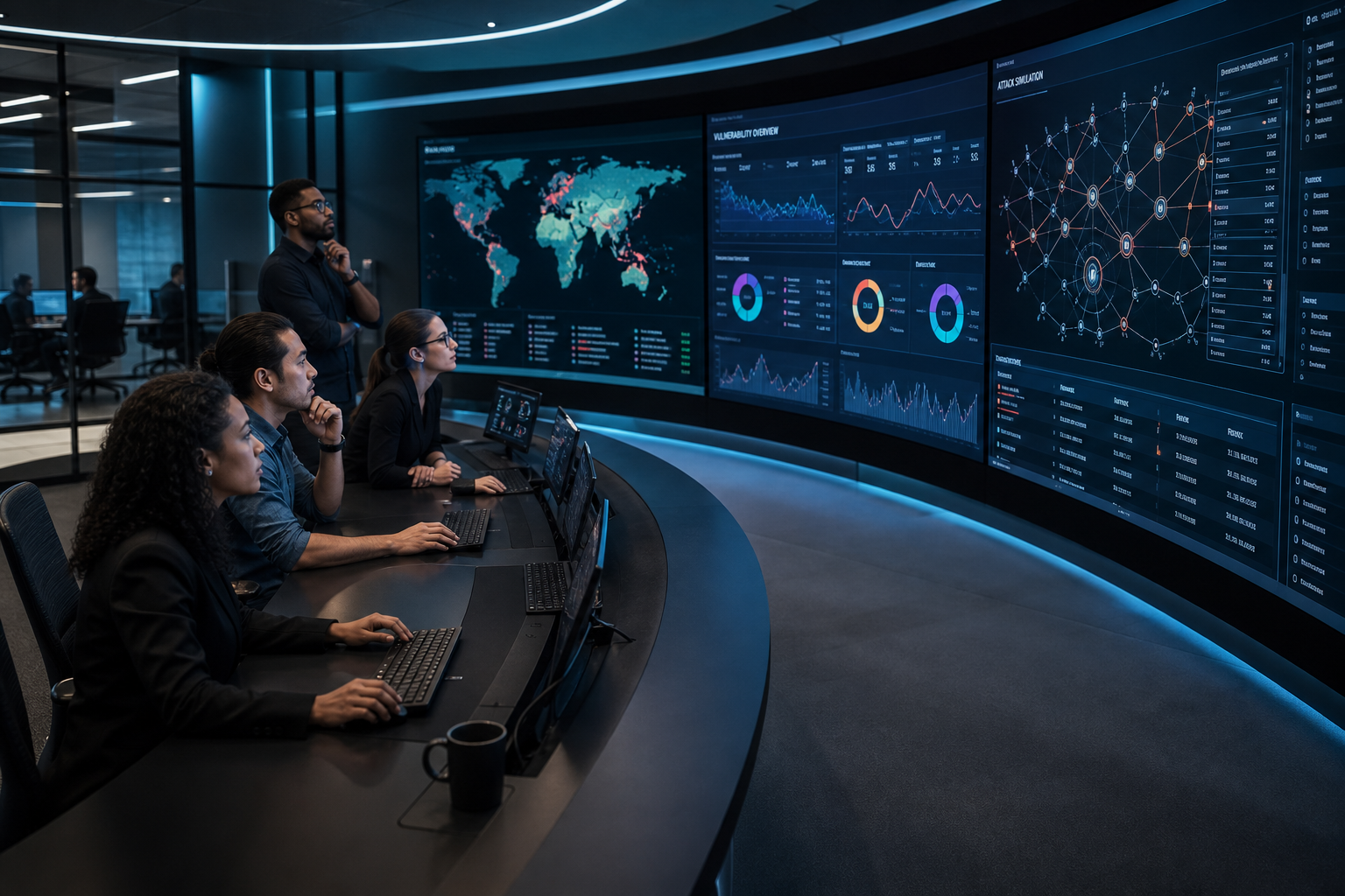 Futuristic Control Room with Cybersecurity Data Displays